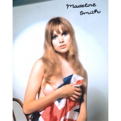 Bond girl Madeline Smith signed sexy Union Jack 8x10 photo